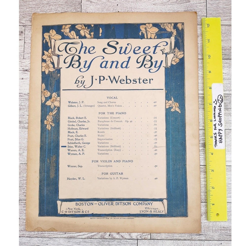1906 Sweet By and By Antique Sheet Music Floral Cover J.P. Webster‎ Wall Art